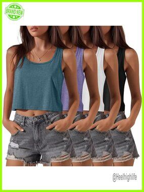 4 Pack Women's Crop Tanks Sleeveless Scoop Neck Loose Fit Summer Tops Workout